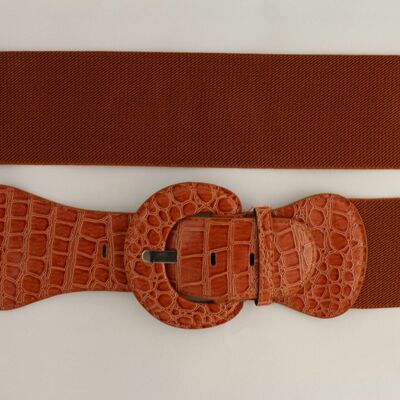 Women belt wide elastic mocha brown fashion hip high waist round buckle xs s m