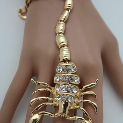 Women big gold scorpion hand chain bracelet ring connected fashion jewelry