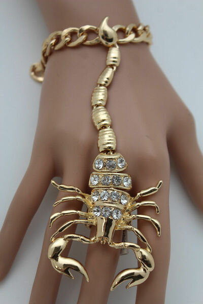 Women Big Gold Scorpion Hand Chain Bracelet Ring Connected Fashion Jewelry