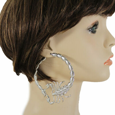 Women big hoop silver metal fashion jewelry earrings scorpion beads bling