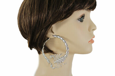 Women Big Hoop Silver Metal Fashion Jewelry Earrings Scorpion Beads Bling