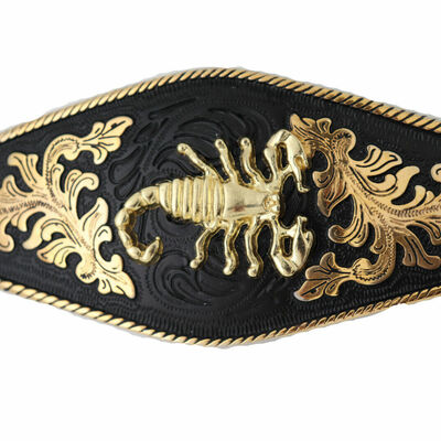 Men black metal western fashion belt buckle heavy bold gold scorpion filigree