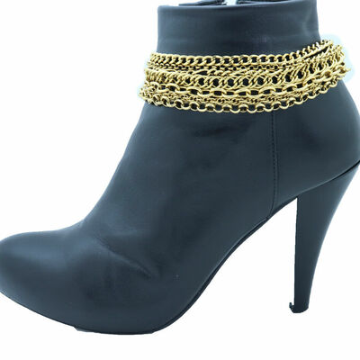 Women biker fashion boot chain bracelet strap antique dark gold metal shoe charm