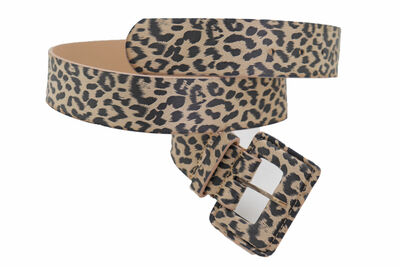 Women Black Beige Faux Leather Band Leopard Safari Hip Hop Rap Belt Cheetah S M