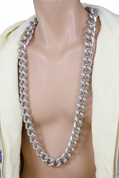 Men Long Biker Fashion Necklace Silver Metal Chain Thick Chunky Links Rocker