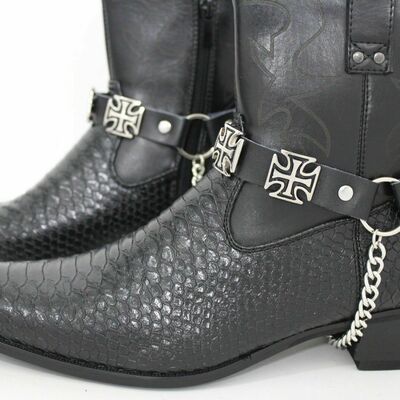 Men metal silver boots chain fashion trucker shoe black straps iron cross bold