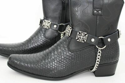 Men Metal Silver Boots Chain Fashion Trucker Shoe Black Straps Iron Cross Bold