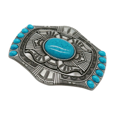 Men Silver Big Metal Buckle Aztec Western Mayan Style Turquoise Blue Beads Color