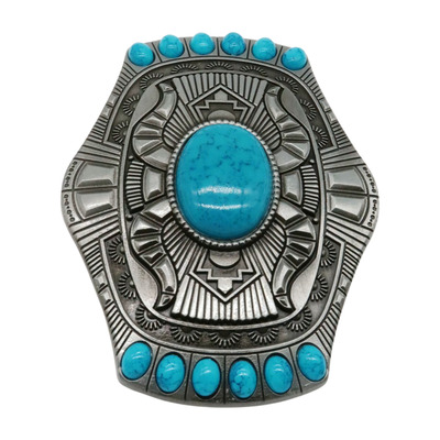 Men silver metal belt buckle ethnic western vintage fashion turquoise blue beads
