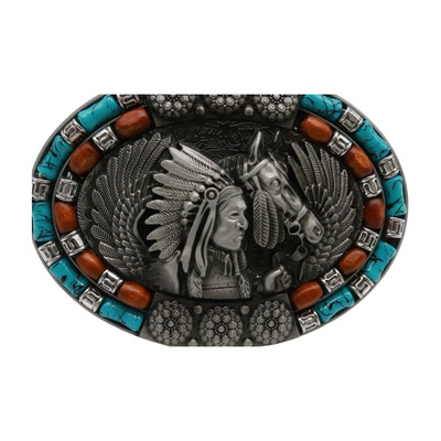 Men Silver Metal Belt Buckle Native American Style Indian Warrior Horse Feather