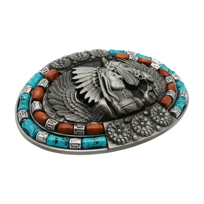 Men silver belt buckle western native american warrior horse turquoise blue brown beads