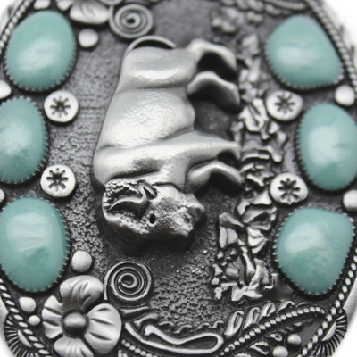 Men western belt buckle silver metal cowboy bison buffalo ox turquoise blue bead