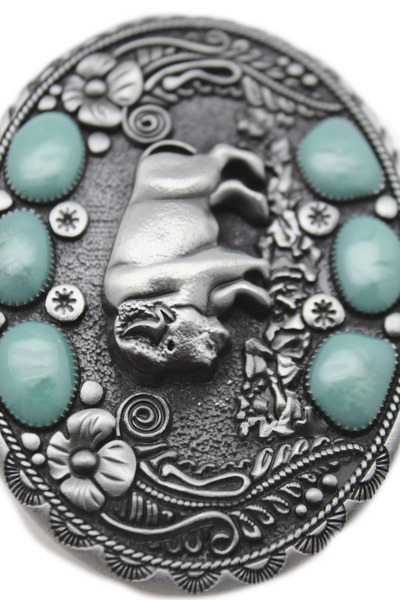 Men Western Belt Buckle Silver Metal Cowboy Bison Buffalo Ox Turquoise Blue Bead