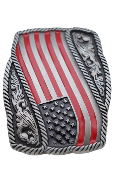 Men Women Silver Metal Buckle Western USA Flag United States Of America Filigree