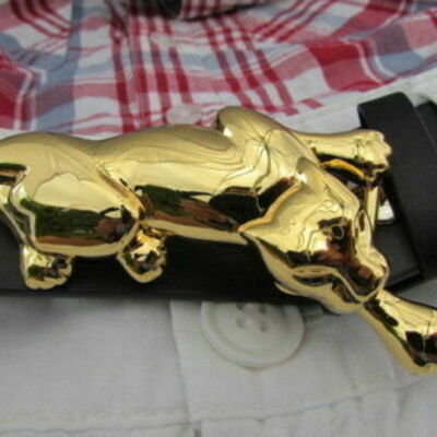 Men women buckle gold metal tiger panther narrow skinny belt 