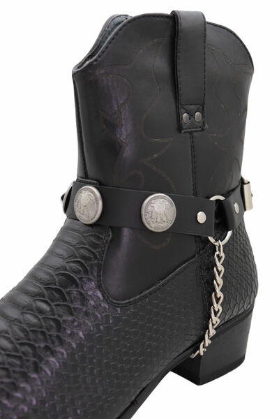 Men Western Boot Pair Black Faux Leather Strap Biker American Eagle Charms