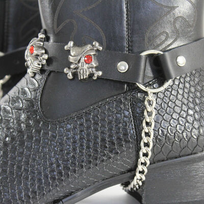 Mew biker boots silver metal chain black leather 2 straps skull skeleton pirates