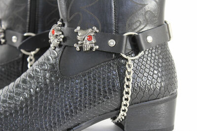 Mew Biker Boots Silver Metal Chain Black Leather 2 Straps Skull Skeleton Pirates