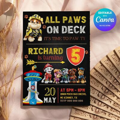 Paw patrol rubble any age birthday girl invitation comic style canva editable instant download - Thumbnail 3