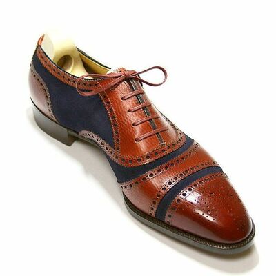 Men's Two Tone Brown Navy Blue Suede Cap Toe Leather Formal Dress Laceup Shoes