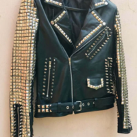 Crafted Leather New Men's Black Full Silver Star Golden Studded Brando Belted Cow Biker Leather Jacket - Thumbnail 2