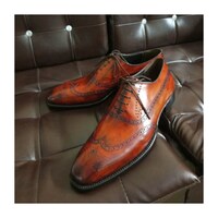 Made To Order Handmade Handcrafted Hand Painted Shoes for Mens Tailor Made Bespoke Tan Calf Shine Leather Lace-up Wingtip Oxford Men's Shoes - Thumbnail 1