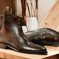 Men's Handmade Cordovan Leather Boot, Ankle High Wing Tip Brogue Leather Boot - Thumbnail 2