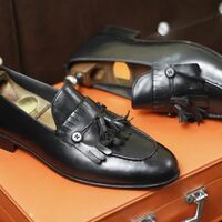 Hand Crafted Stylish Fringe Black Leather Loafer, Elegant Tasseled Leather Loafer Shoes For Man - Thumbnail 1