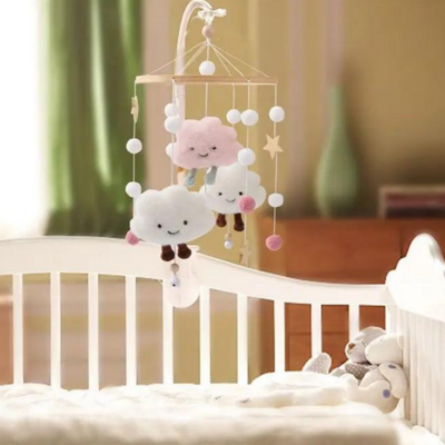 Nursery crib mobile clouds and stars wooden hanging decor rattle toys, free shipping