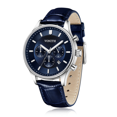 Blue color surface round double sides  leather all stainless steel quartz watch   leather band strap  