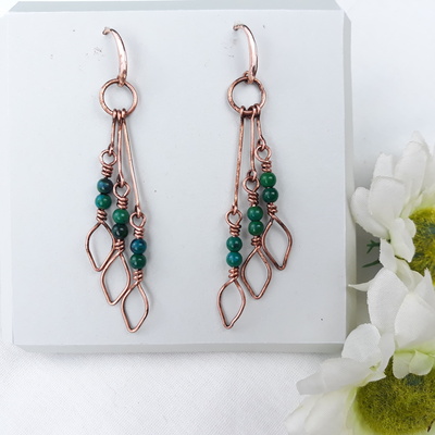 Leaf dangle earrings with chrysocolla beads, copper wire wrap dainty earrings