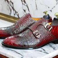 Hand Painted Cap Toe Leather Shoes, Double Buckle Leather Shoes, Crocodile Skin Texture Leather Shoes For Men - Thumbnail 1