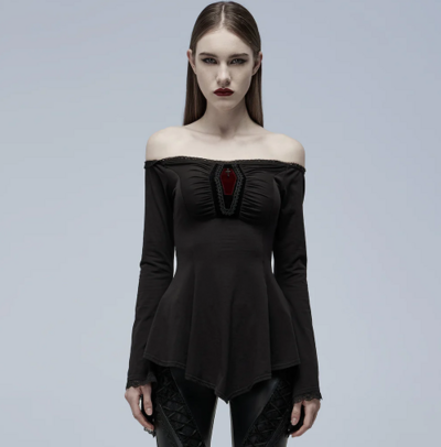  WOMEN BLACK GOTHIC SLASH NECK A LINE LONG SLEEVE T-SHIRT