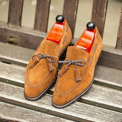 Handmade men's tassels shoes, men's tan brown color suede tassels casual loafer shoes