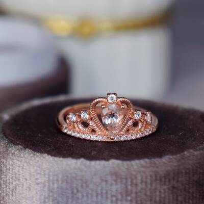 Little crown- pear shape natural pink morganite ring 925 sterling silver ring plated with rose gold  ring for women us size 6 1/4