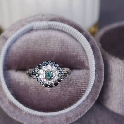 Devil's eye-- metalic blue natural spinel ring with white topaz and black spinel  925 sterling silver ring for women us size 5 1/4