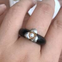Natural Elements: Fragrant Black Ebony Wooden Ring With 925 Sterling Silver Flower and Freshwater Pearl Ring US size 8 - Thumbnail 1