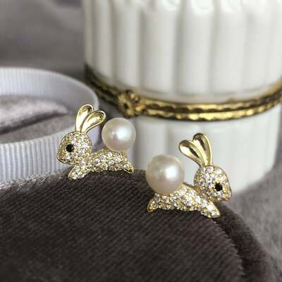 Super cute rabbit/hare earstuds freshwater pearl 925 sterling silver stud earrings animal jewelry for kids for laides