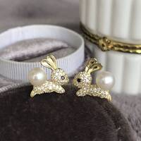 Super Cute Rabbit/Hare Earstuds Freshwater Pearl 925 Sterling Silver Stud Earrings Animal Jewelry for Kids for Laides - Thumbnail 2