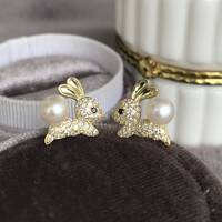 Super Cute Rabbit/Hare Earstuds Freshwater Pearl 925 Sterling Silver Stud Earrings Animal Jewelry for Kids for Laides - Thumbnail 4