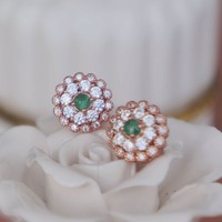 Floral Design CZ Double Halo Natural Emerald Cab Earstuds 925 Sterling Silver Stud Earrings Plated in Pink Gold May Birthstone - Thumbnail 1
