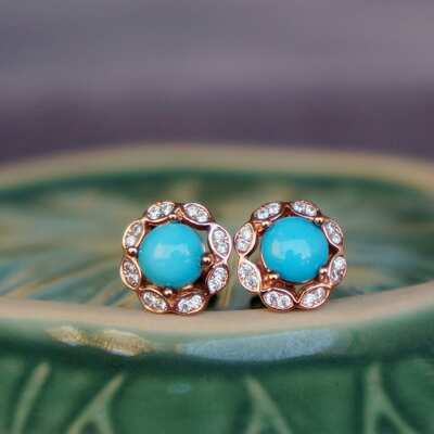 Natural arizona sleeping beauty blue turquoise earstuds 925 sterling silver stud earrings for lady for girl beautiful blue