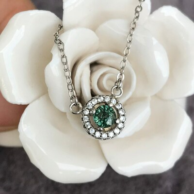 Cz halo natural teal sapphire necklace 925 sterling silver blue green sapphire 4mm round excellent color and brilliance gift for girls