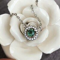 CZ Halo Natural Teal Sapphire Necklace 925 Sterling Silver Blue Green Sapphire 4mm Round Excellent Color and Brilliance Gift for Girls - Thumbnail 1