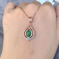 Natural Green Emerald Pendant 925 Sterling Silver Pendant Rose Gold Plating Zambian Emerald Jewlery - Thumbnail 5