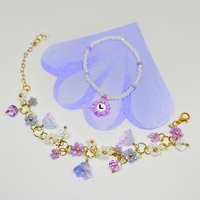  Purple Lily Bracelet Set with Glass beads, Gold Plated Wire and Clasp - Thumbnail 1
