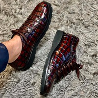 Men's Brown Alligator Print Leather Lace Up Chunky Sole Handmade Dress Shoes - Thumbnail 1