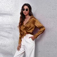 Women's Satin Silk Long Sleeve Shirt Shirt - brown - Thumbnail 1