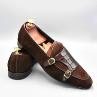 Men's Brown Suede Double Monk Buckle Handmade Alligator Print Leather Loafer Shoes - Thumbnail 1