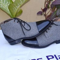 Handmade Black and Gray Flannel Fabric Full Grain Leather Chukka Boot - Thumbnail 1